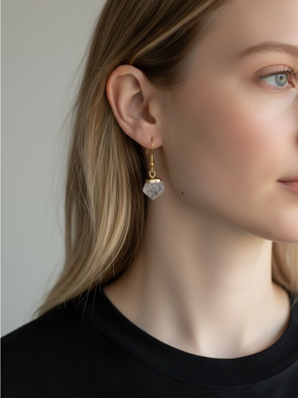 10/22 Gold Drop Earrings with Gray Stone Pendant